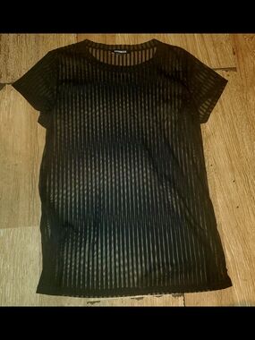 Express Black Sheer Vertical-Stripe Short Sleeve Top